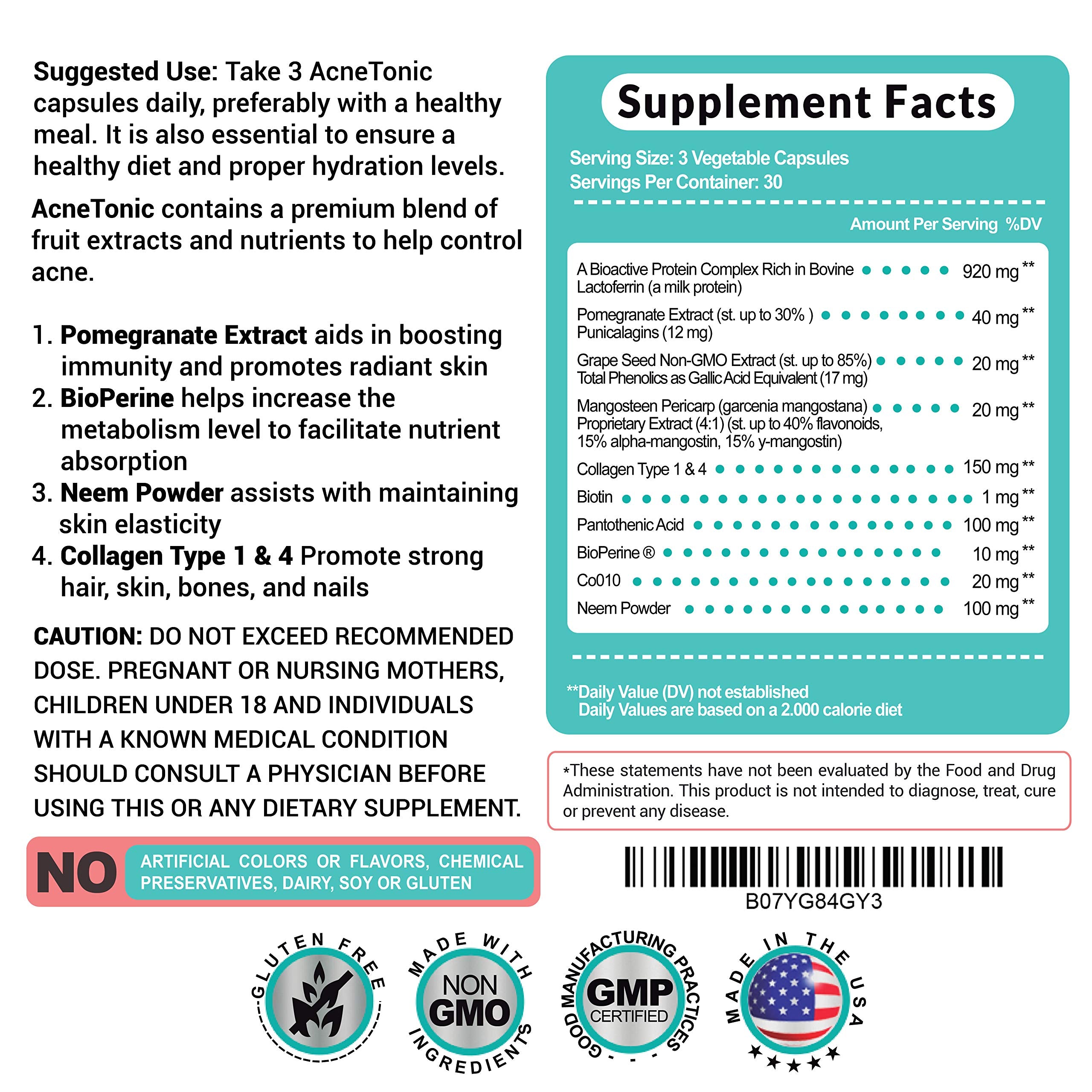 Acne Treatment Vitamin Supplements for Men, Women & Teens 90 Vegan Capsules (6986771726519)